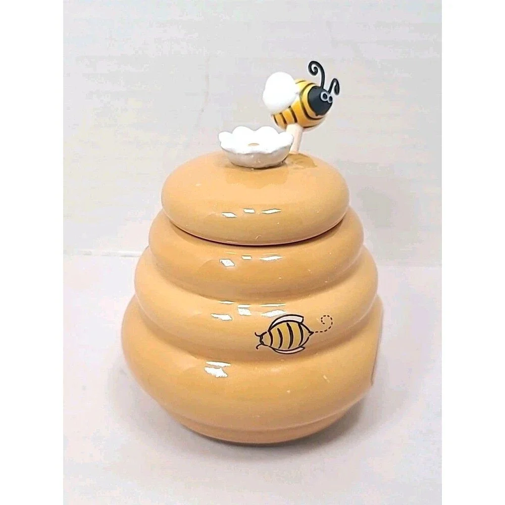 Mini Honey Pot Ceramic Jar & Wood Dipper Beehive Bee